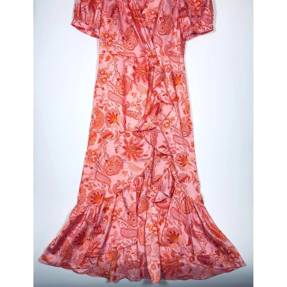 5a7 Cinq a Sept Kay Midi Dress Size 2 Pink Orange Floral Ruffle Faux Wrap Party